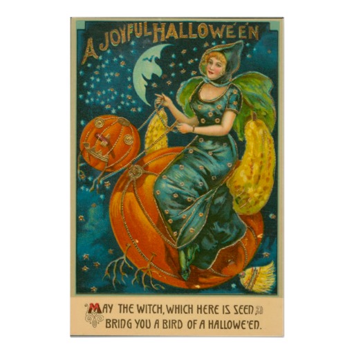 Vintage Halloween Witch Riding Jack O Lantern Bird Poster